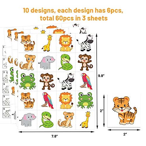 60 Pcs Safari Animal Temporary Tattoos for Kids Birthday Party