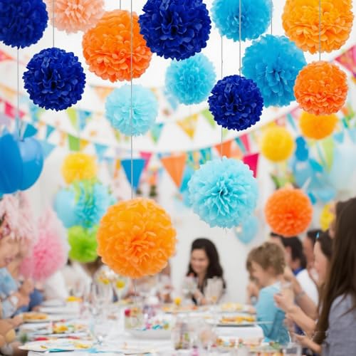 12pcs Tissue Paper Pom Poms - Navy Blue, Sky Blue & Orange Party Decor