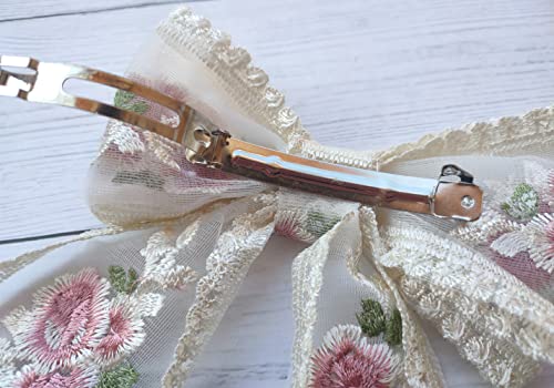 Beige Large Lace Bow Hair Clip with Pink Flower - Honkenda 1 Pack