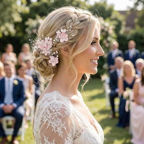Pink 5 Pack Large Flower Bridal Hair Pins with Crystal Pearls – Wedding Clips Set