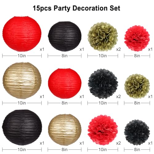 Red and Black Paper Lanterns & Pom Poms - 15 Piece Party Decor Set