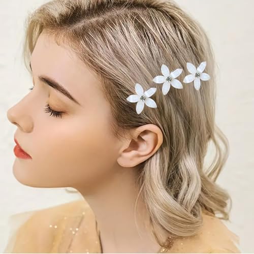 Hayooha White Flower Mini Hair Clips - 20 Pcs Rhinestone Hair Barrettes for Women, Wedding & Bridal Accessories