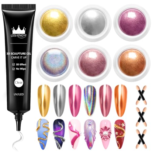 BISHENGYF 3D Nail Gel Kit - Rose Gold & Silver Chrome Powder 15g