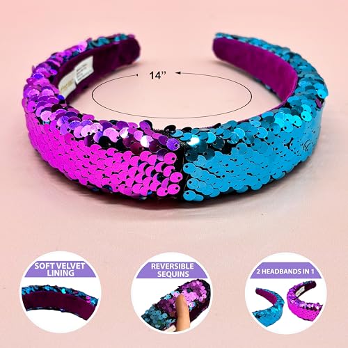 FROG SAC Reversible Sequin Headband for Girls, Teal/Purple Sparkly Rainbow Kids Hair Accessory