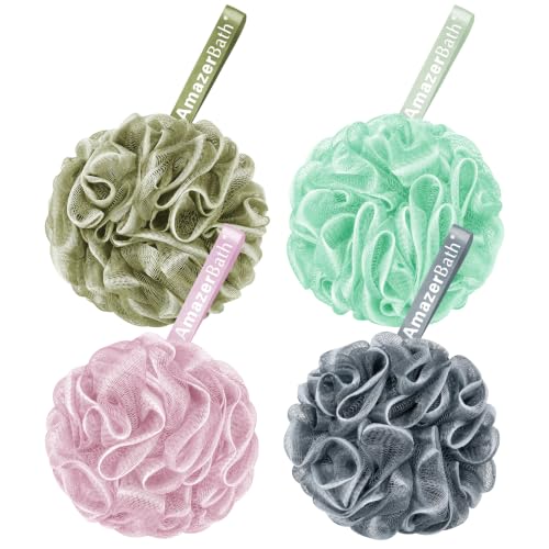 AmazerBath Large Exfoliating Loofah Set of 4 - White, Grey, Pink, Army Green