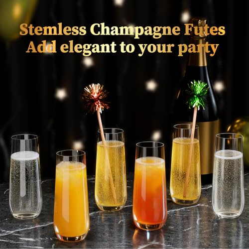 GuanQiao 12 Pack 9oz Stemless Plastic Champagne Flutes - Shatterproof & Reusable