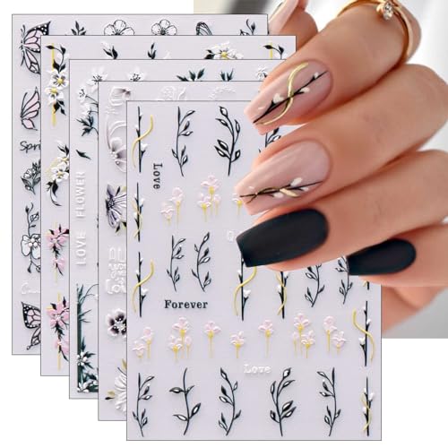 JMEOWIO 6 Sheets 3D Spring Flower Nail Art Stickers