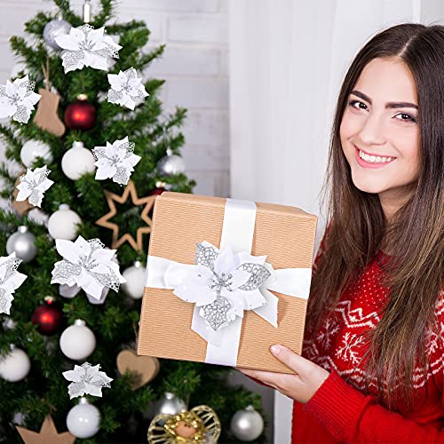 Boao 24 Pcs Glitter Poinsettia Flowers for Christmas Decor