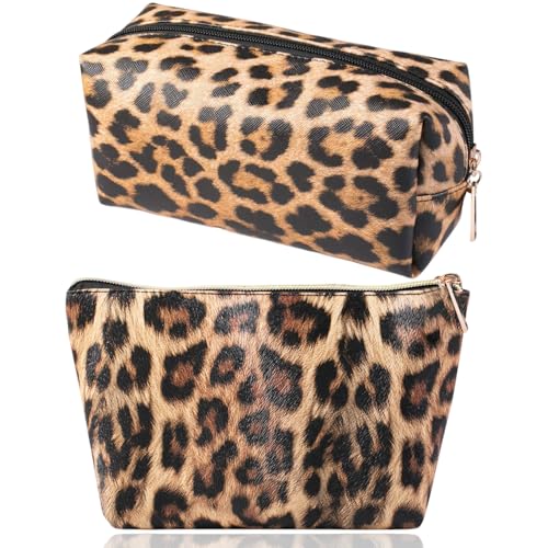 Brown Leopard Print Leather Cosmetic Bags Set - Travel Makeup Organizer for Women