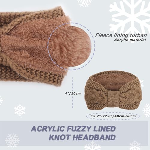 DRESHOW Winter Knit Headbands for Women - Fleece Lined Ear Warmers, Knot Style - Cream, Khaki, Dark Grey, Black