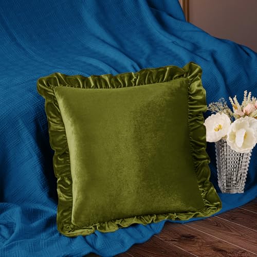 Olive Green Velvet Throw Pillow Covers, 18x18 Inches, Set of 2