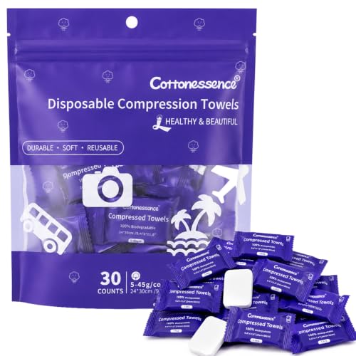 Cottonessence 30 Pack Premium Compressed Cotton Towels Travel Wipes, Individually Wrapped, 9.4 x 11.8 inches