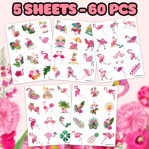 60 PCS Funny Flamingo Temporary Tattoos for Kids | Summer Party Favors