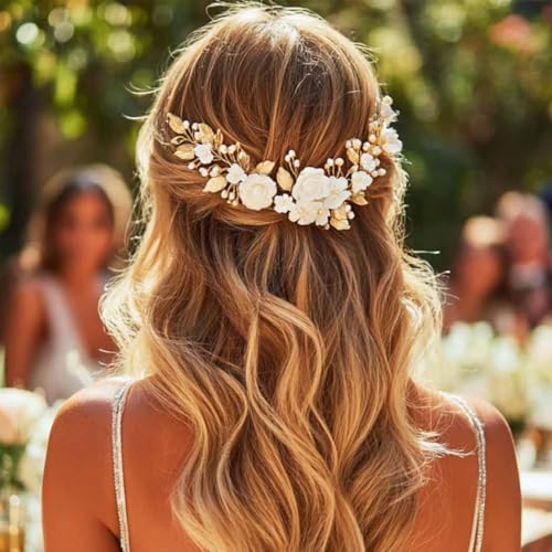 Gold Flower Bride Wedding Hair Vine with Pearls & Rhinestones