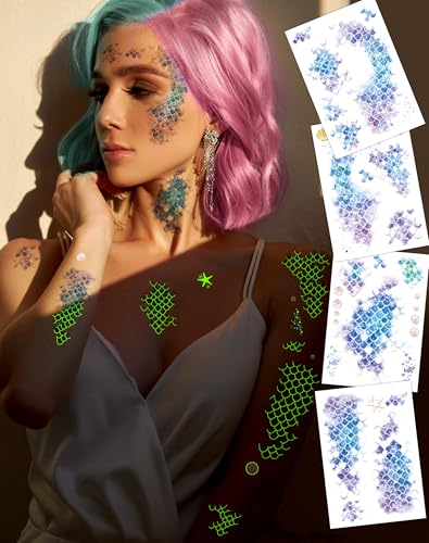 Ulmisfee Halloween 16 Sheets Luminous Mermaid Scale Temporary Tattoos – Glow in the Dark Mermaid Party Favors (Medium)