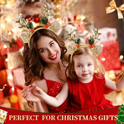 Ychelhr Gold Christmas Elk Antlers Headband - Glitter Xmas Hair Band for Girls & Women