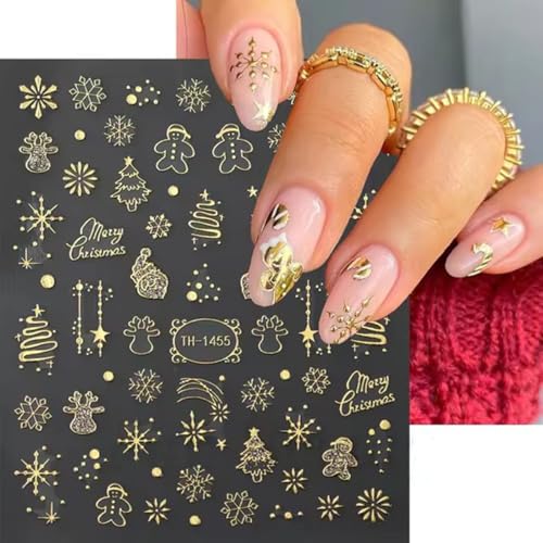 POWPOP Xmas Design2 8 Sheets 3D Gold Nail Stickers – Snowflake, Tree, Candy Cane Christmas Nail Art