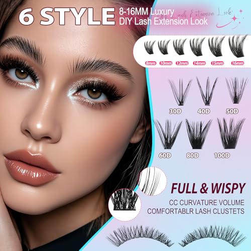Lash Clusters Kit 708Pcs Individual Cluster Lash Extensions Kit 30D+40D+50D+60D+80D+100D Wispy Eyelash Clusters with Lash Bond and Seal and Tweezers 10-16mm 6 Styles Mix Lashes Clusters Kit