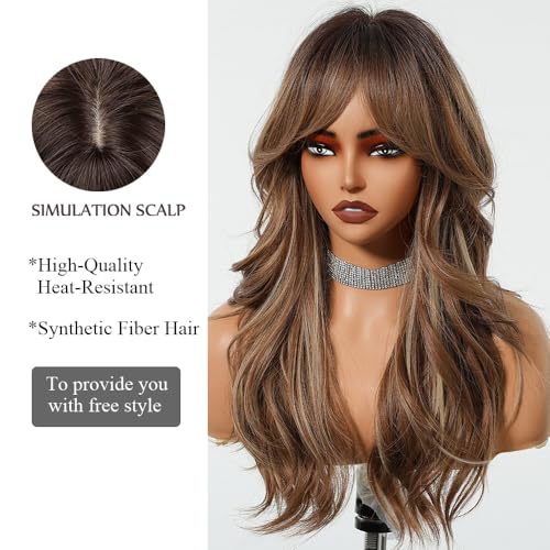 OUFEI Ombre Mixed Brown Wigs with Bangs - Natural Wavy Synthetic Hair for Women, Heat Resistant, Daily & Party Wear (Model 1261-1)