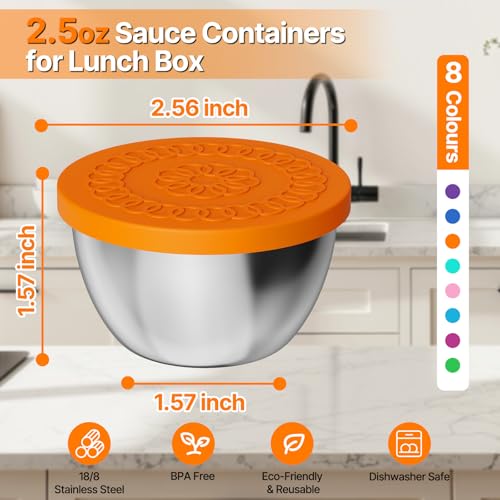 Kitlead 2.5 oz Sauce Containers - 8 Pack Stainless Steel with Silicone Lids