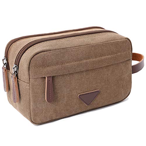 Mactso Men's Vintage Canvas Leather Travel Toiletry Bag - Coffee