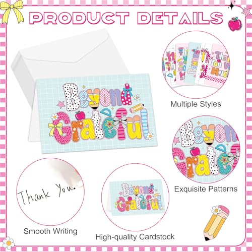 24 Pack Retro Teacher Thank You Cards with Envelopes - Cute Appreciation Notes