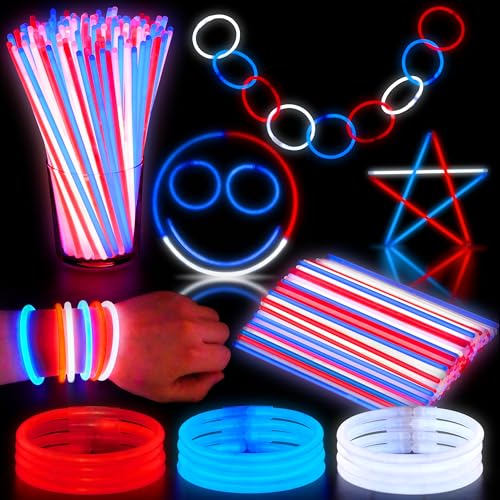 JOYIN 100 Pcs 4th of July Glow Sticks & Connectors - Red, White, Blue