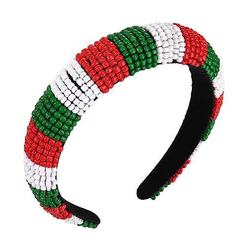 Christmas Headband for Women - Red Green White Beaded Hair Hoop