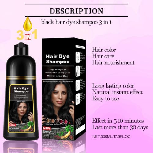 3-in-1 Herbal Black Hair Dye Shampoo for Gray Hair Coverage, 14 fl oz