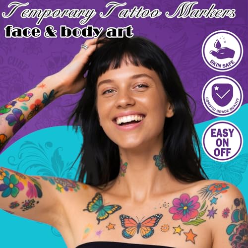 Ponhey Multicolor 24 Body Markers & 67 Tattoo Stencils Skin-Safe Face Paint Kit for Teens & Adults