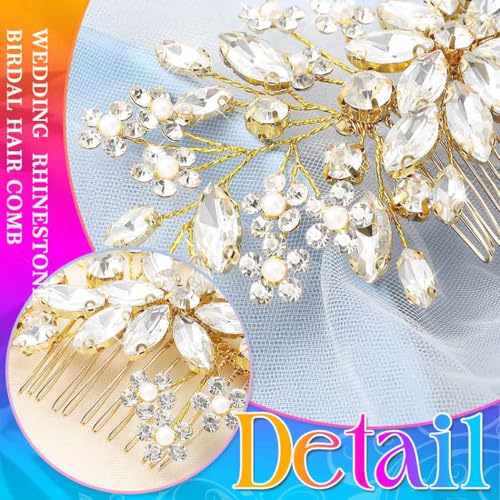 Unsutuo Gold Bridal Hair Comb with Crystal Rhinestones & Pearls - Wedding Hair Accessories for Women & Girls