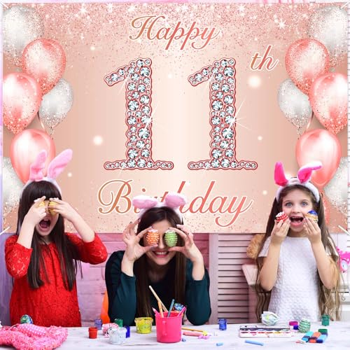 11th Birthday Rose Gold Banner - Pink Party Decor & Backdrop