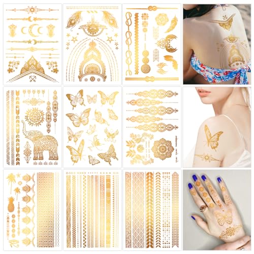 Gold Metallic Temporary Tattoos for Face & Body - 9 Sheets for Festivals & Parties