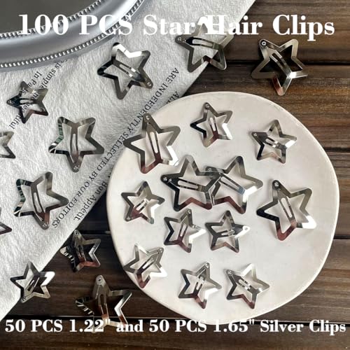 100 Pcs Silver Star Hair Clips, Non-Slip Metal Snap Barrettes for Women & Girls