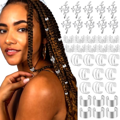 40PCS Silver Hair Cuffs for Braids & Dreadlocks - Metal Clips