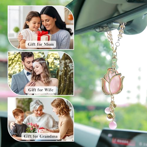 Pink Tulip Car Mirror Charm - 9-Inch Cat's Eye Stone Ornament
