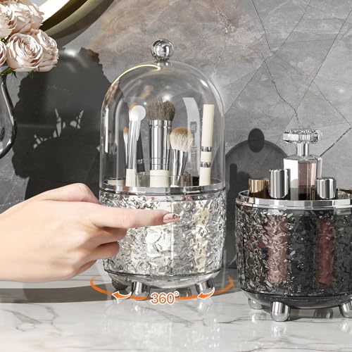 Grey 360° Rotating Makeup Brush Holder with Lid for Vanity