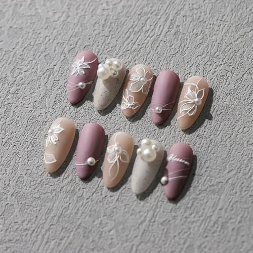 OHWODA Style2 White Flower Holographic 5D Embossed Nail Stickers with Pearls