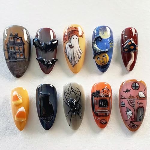 30Pcs Halloween Press On Almond Nails with 3D Spider & Bat Designs
