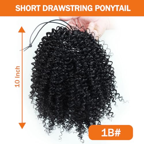 MKJVEN Afro Kinky Curly Drawstring Ponytail 10 Inch - Natural 1B (With Clips)
