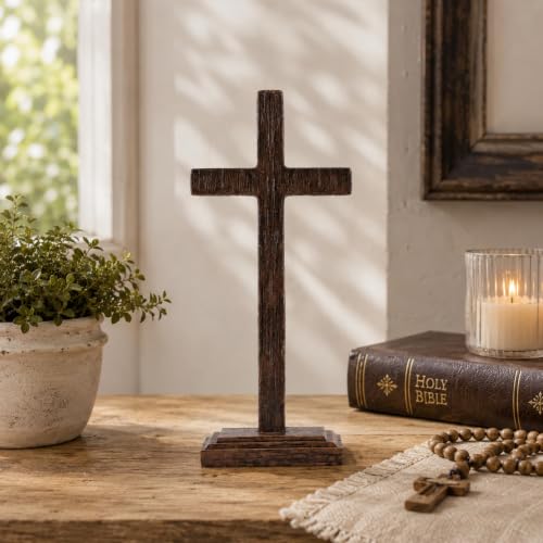 Rustic Distressed Standing Cross - 11 Inch Dark Wood Grain Resin Decor