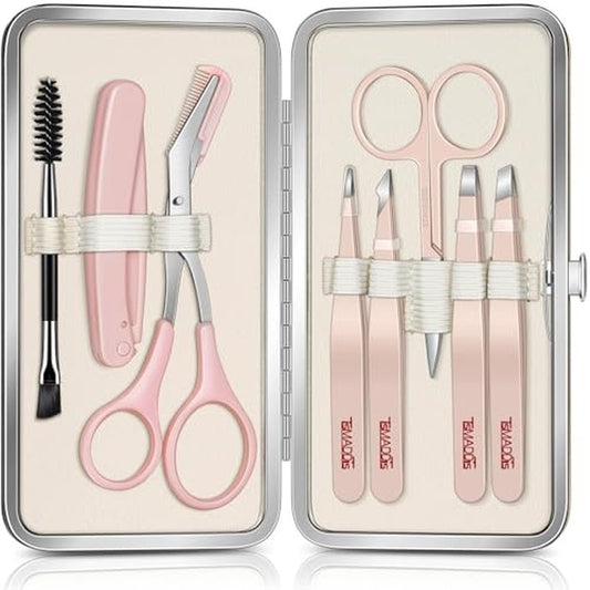 TsMADDTs Tweezers for Women Facial Hair, 8 in 1 Eyebrow Kit with Tweezers, Eyebrow Trimmer Scissors, Razor, Brush with Travel Bag, Hair Plucking Daily Beauty Tools
