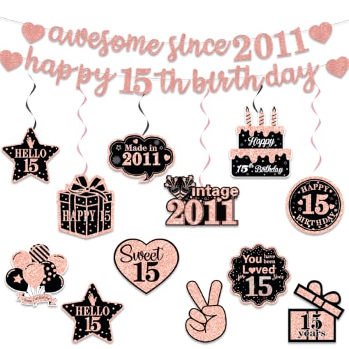 Glitter Rose Gold 15th Birthday Banner Decorations for Girls