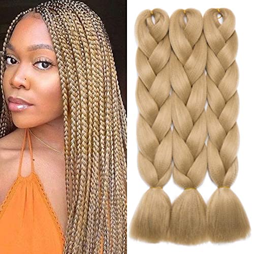Ash Blonde 24in Jumbo Braiding Hair Extensions – 3 Bundles, Pre-Stretched High Temp Synthetic