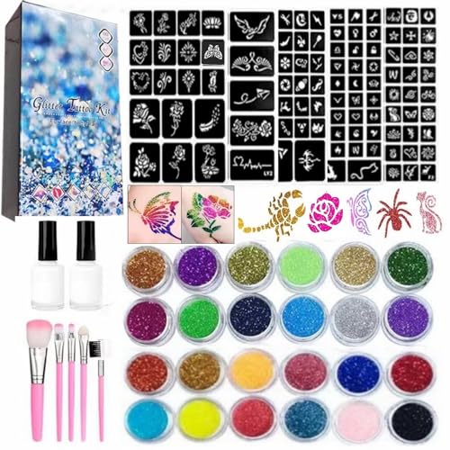 Temporary Glitter Tattoo Kit for Kids & Adults - 24 Colors & 187 Stencils