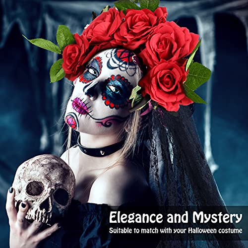 Day of the Dead Rose Flower Crown Headband with Long Veil for Halloween
