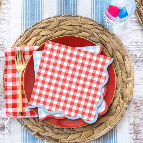 FYSUIMU 50Pcs Scalloped Gingham Cocktail Napkins - Red & Light Blue