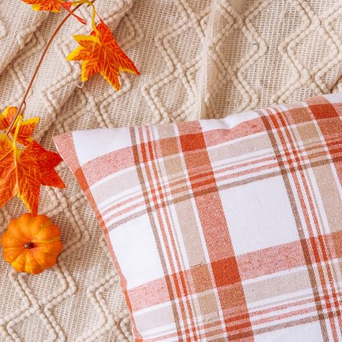 Set of 2 Orange Plaid Throw Pillow Covers - 18x18 Inch for Autumn Decor