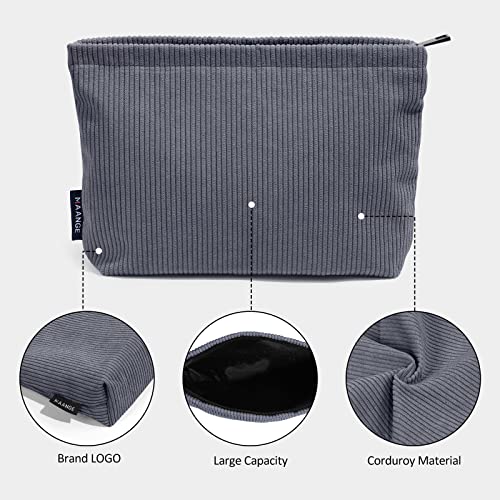 MAANGE Gray Small Makeup Bag for Purse Travel Cosmetic Organizer Corduroy