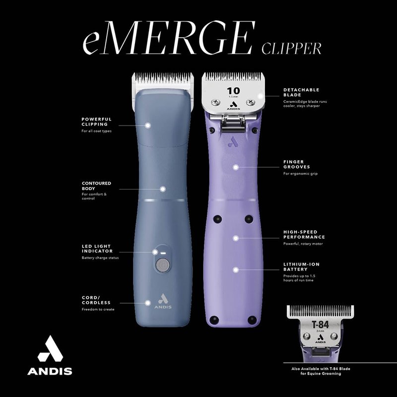 Andis Emerge Lithium-ion Cordless Detachable Blade Dog Clipper, for All Coats & Breeds, Blue, 560486